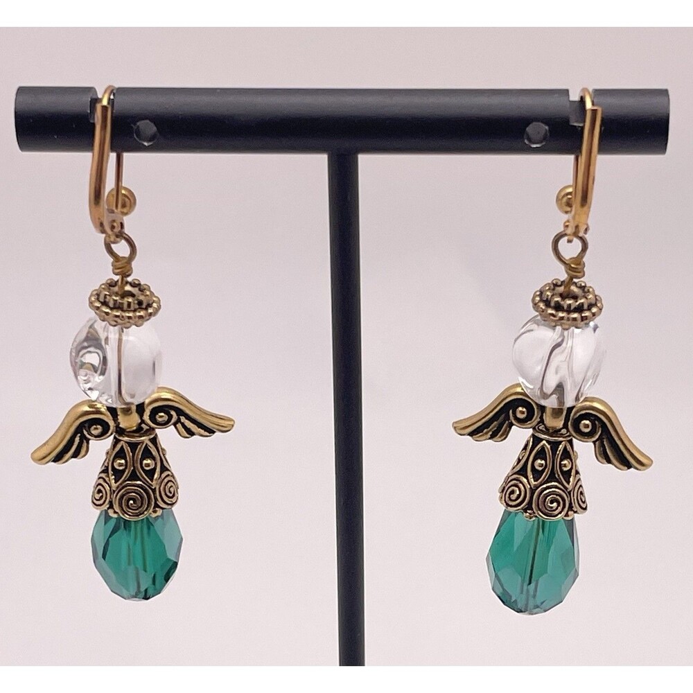 Christmas Angel Artisan Dangle Earrings with Clear & Green Glass Beads